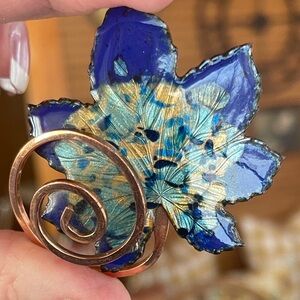 1950s Signed Renoir Matisse Blue Enamel Leaf Brooch